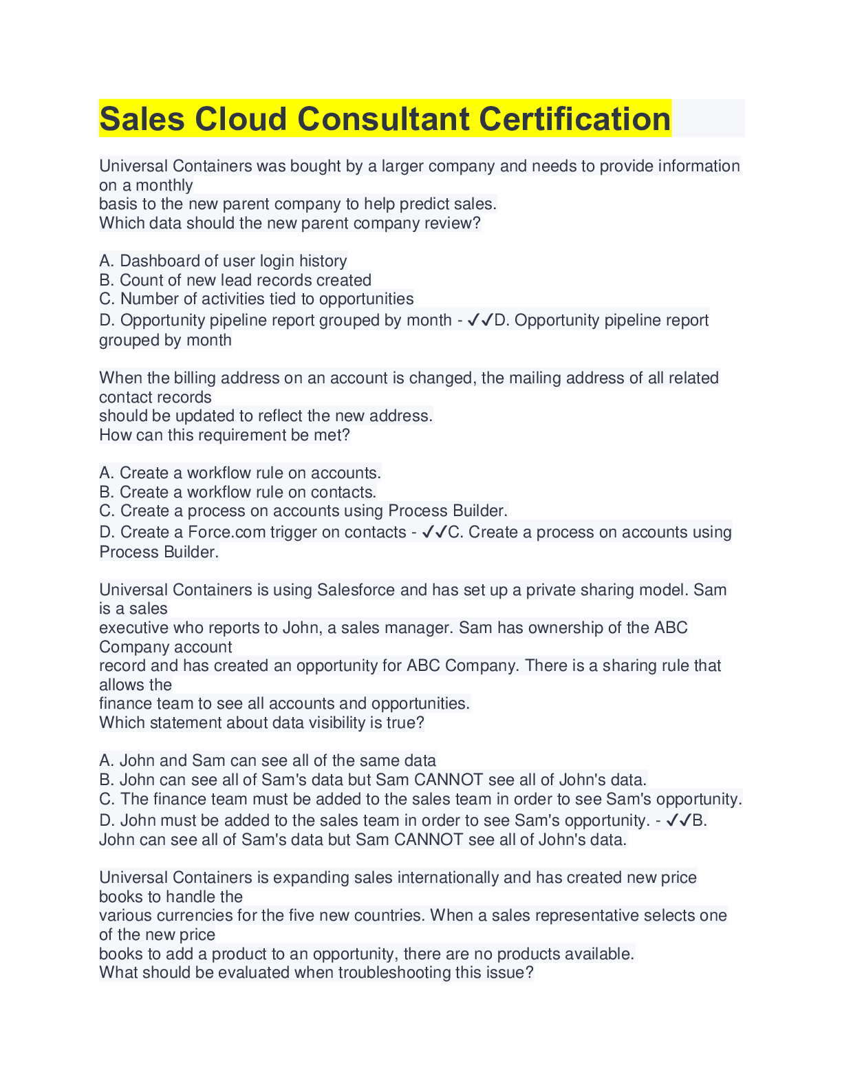 Preview image for Sales Cloud Consultant Certification | 70 Questions with 100% Correct Answers